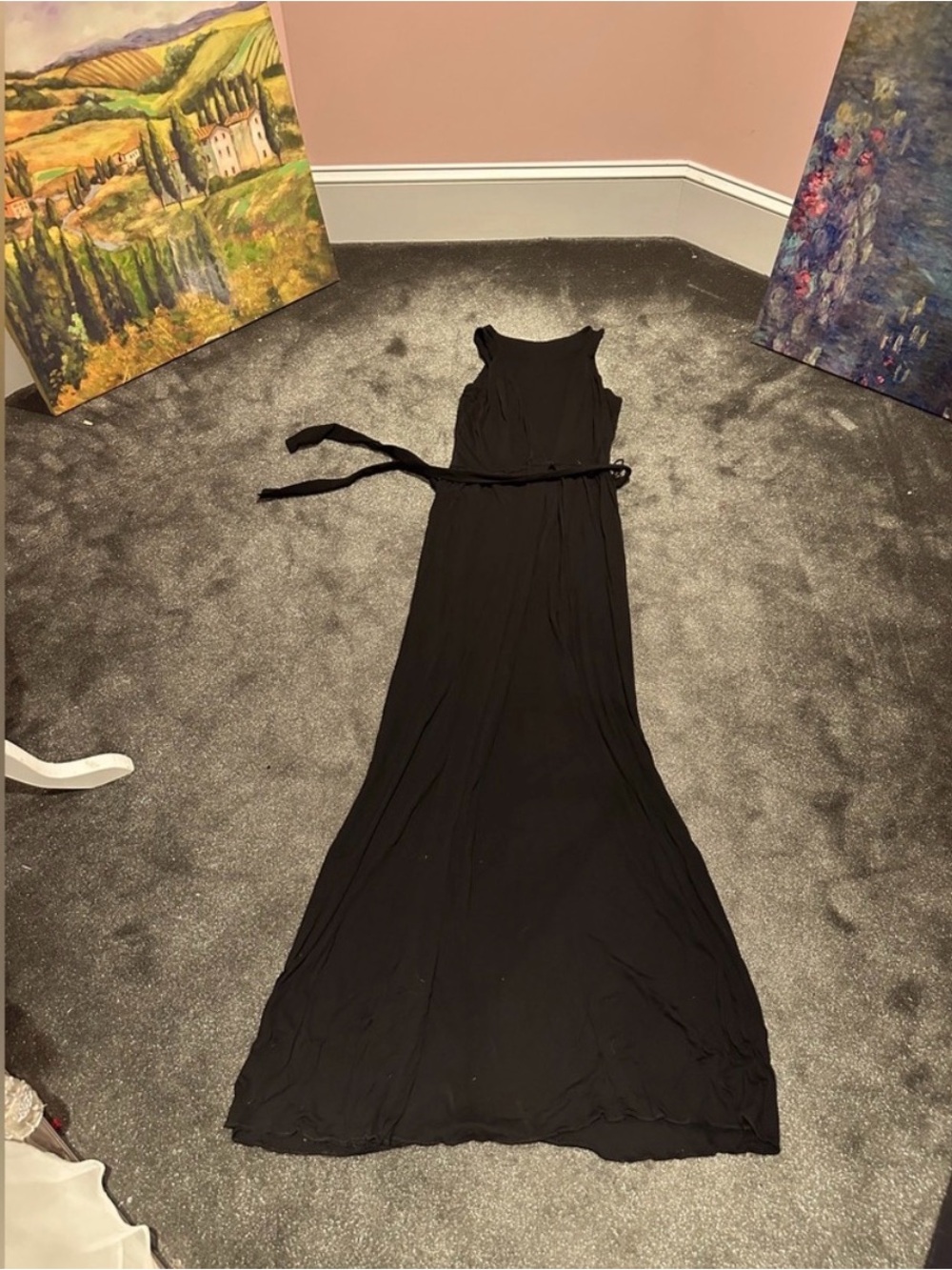 Vintage Black Sleeveless Maxi Dress with Waist Tie
